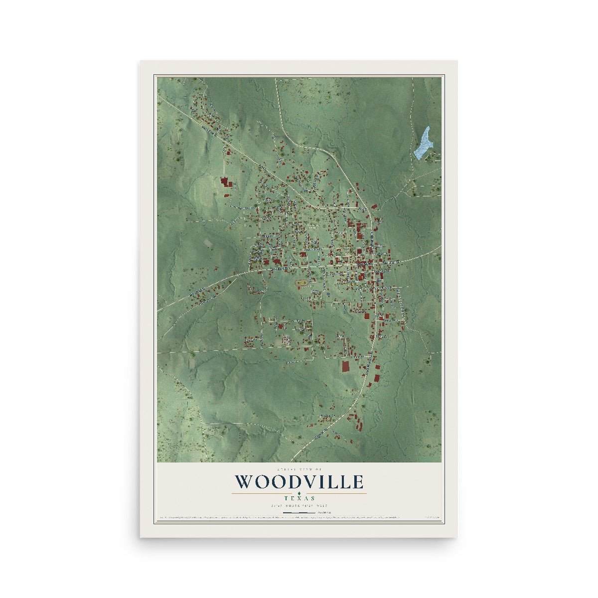 Map of Woodville, Texas, 12 x 18 inch unframed archival matte print