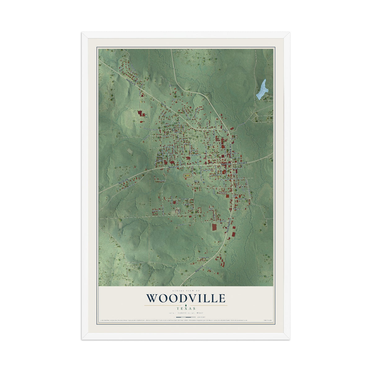 Map of Woodville, Texas, 12 x 18 inch print in a white wood frame