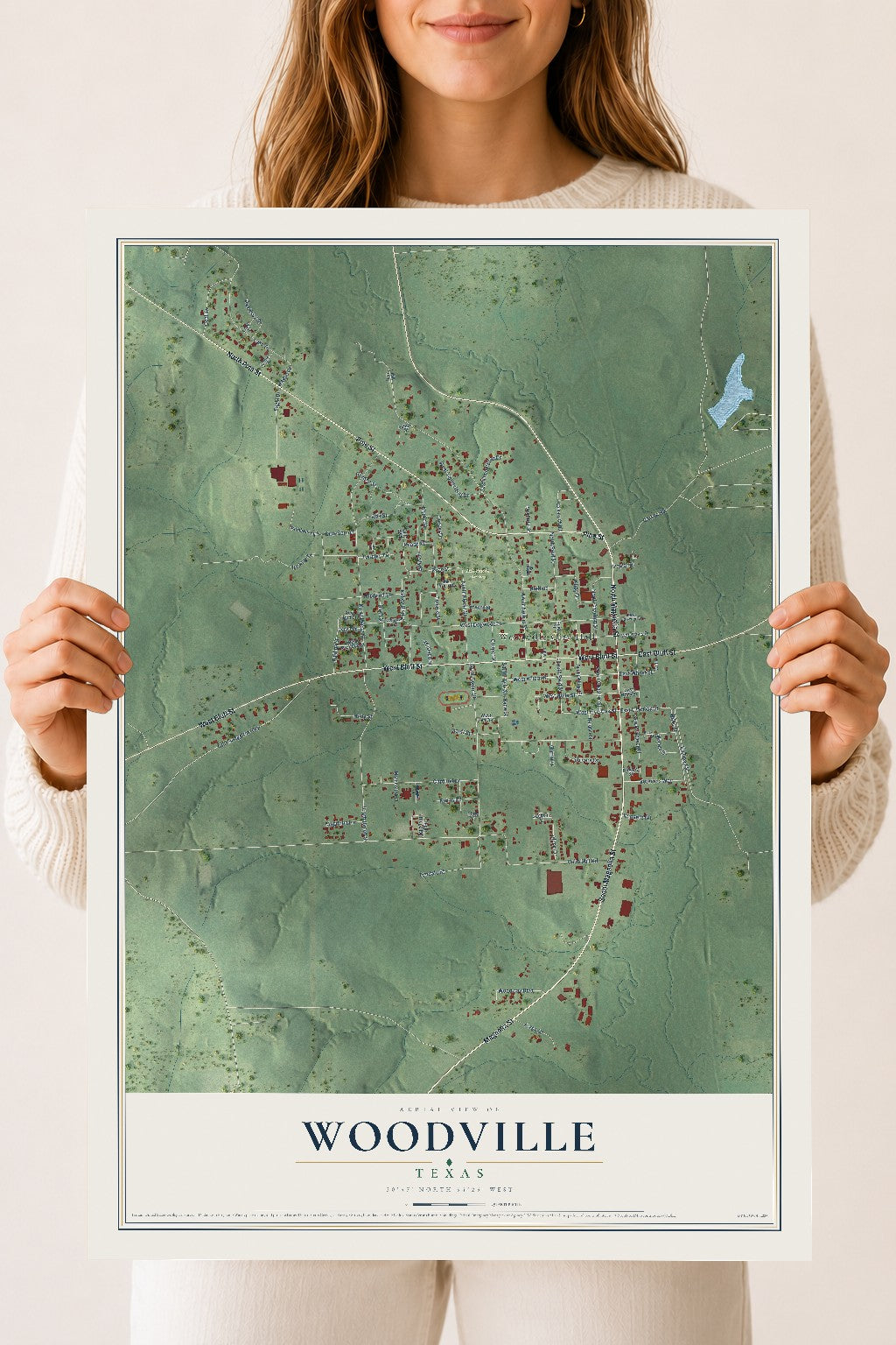 Map of Woodville, Texas, 18 x 24 inch unframed archival matte print