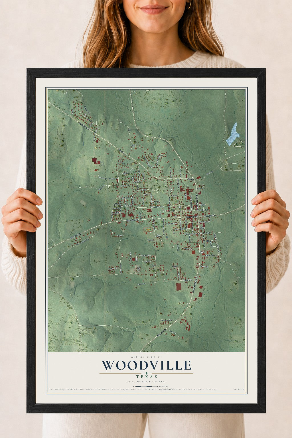 Map of Woodville, Texas, 18 x 24 inch print in a black wood frame