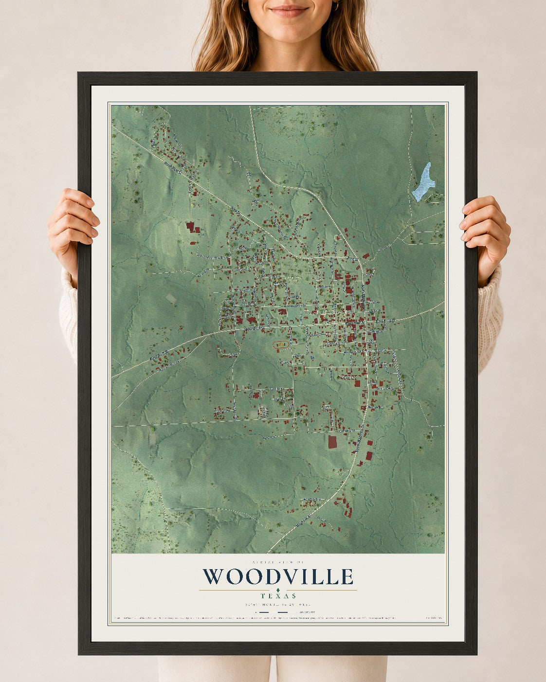 Map of Woodville, Texas, 24 x 36 inch print in a black wood frame