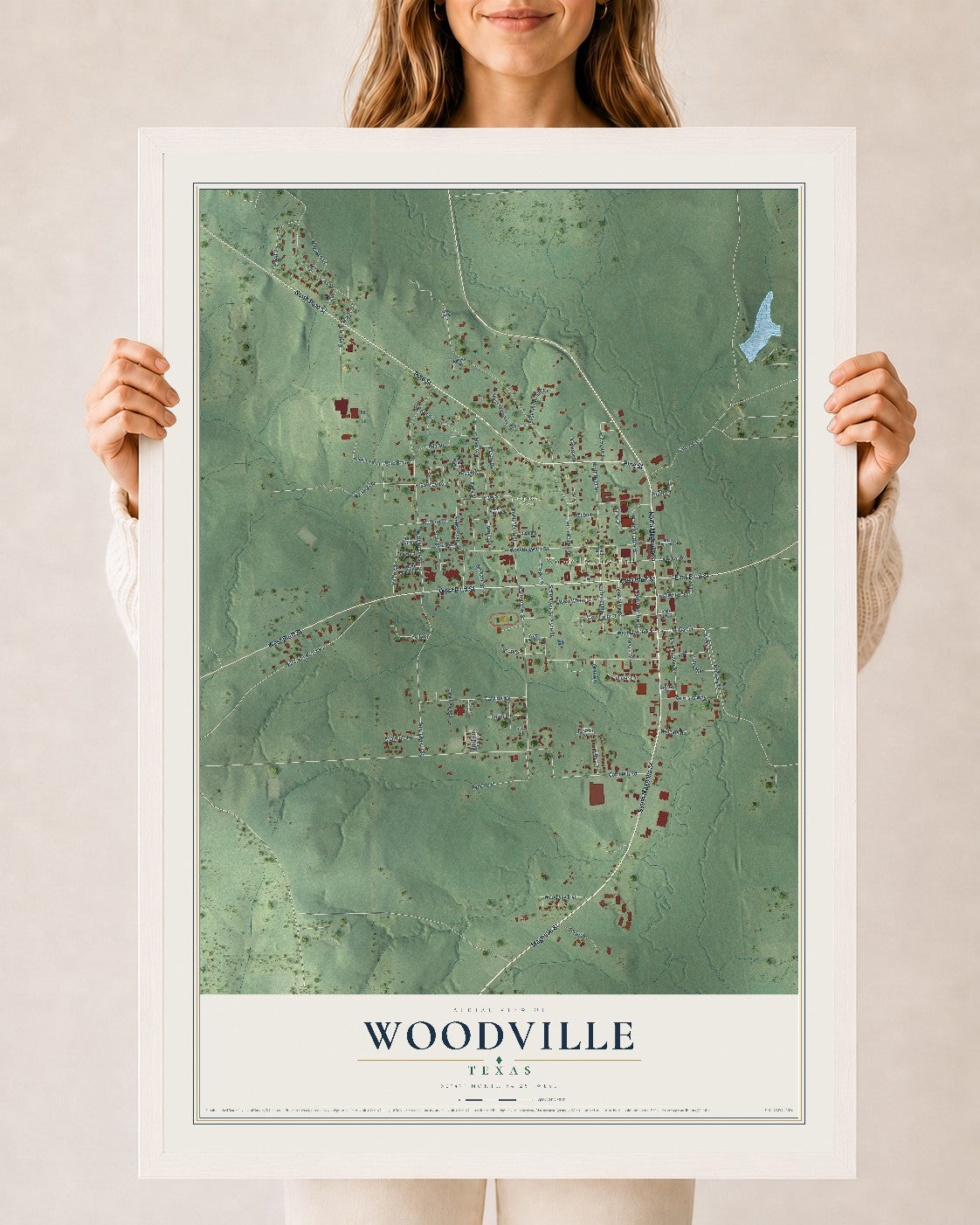 Map of Woodville, Texas, 24 x 36 inch print in a white wood frame