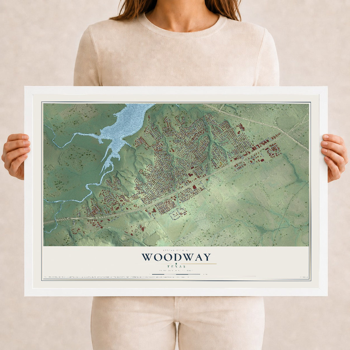 Map of Woodway, Texas, 12 x 18 inch print in a white wood frame