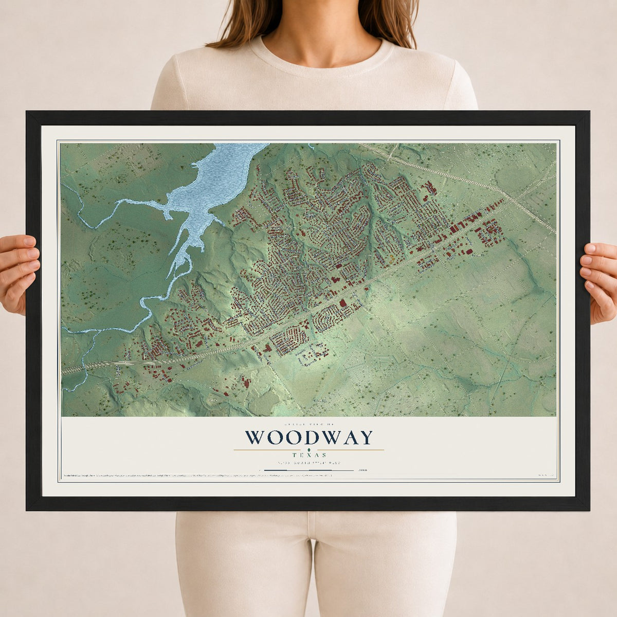 Map of Woodway, Texas, 18 x 24 inch print in a black wood frame