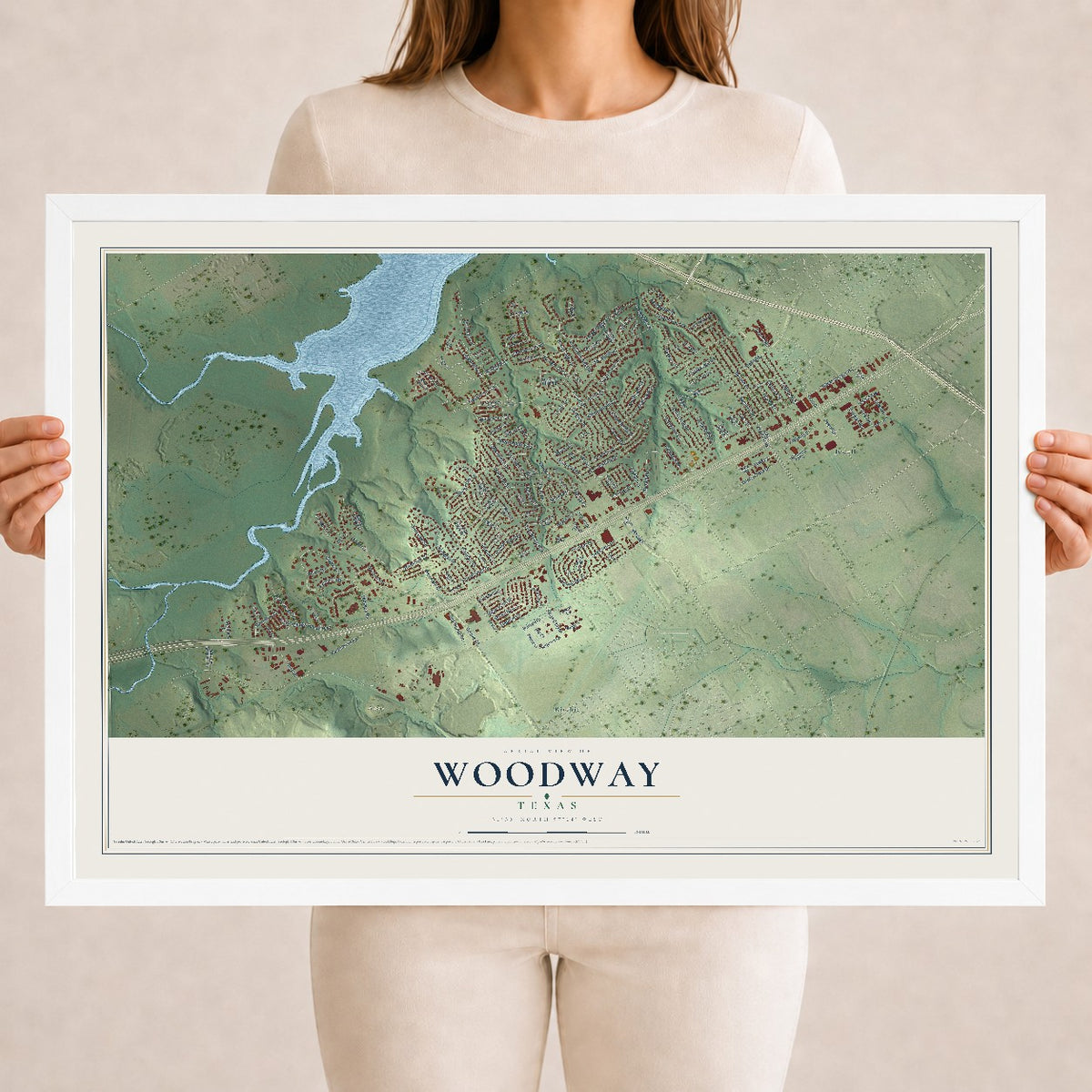 Map of Woodway, Texas, 18 x 24 inch print in a white wood frame