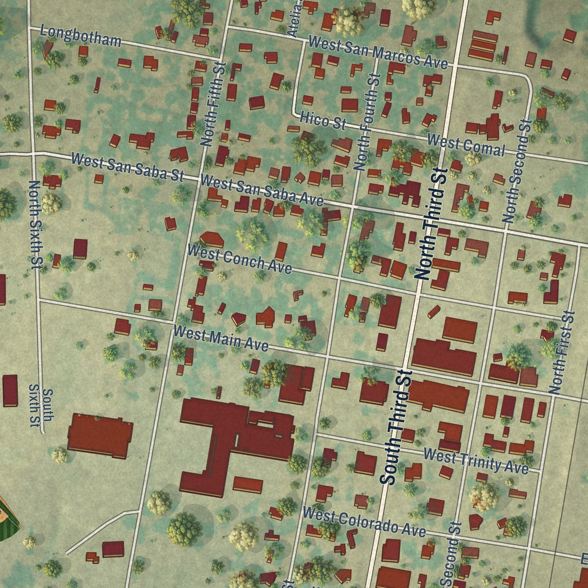 Close-up of the map of Wortham, Texas print showing street and building detail
