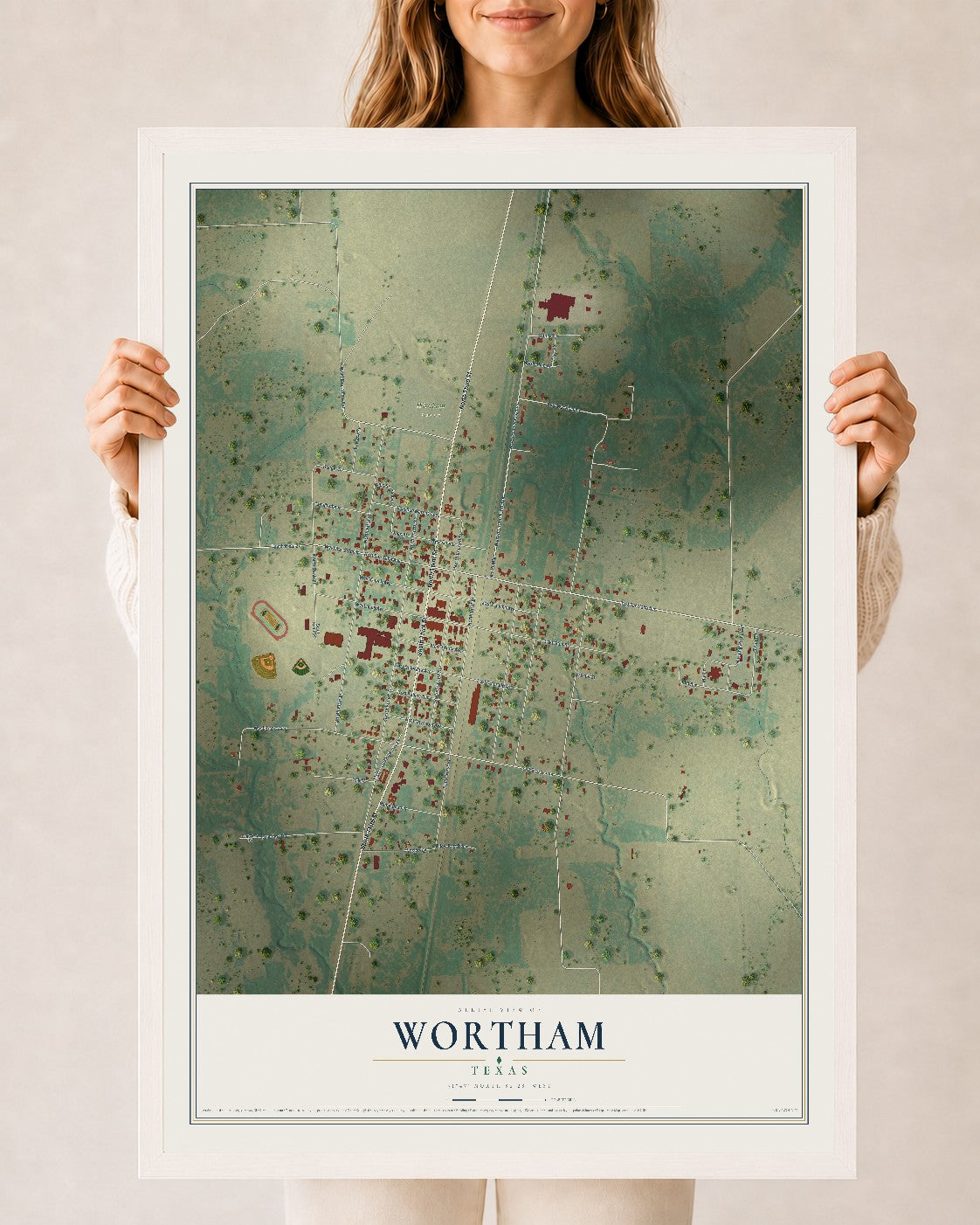 Map of Wortham, Texas, 24 x 36 inch print in a white wood frame
