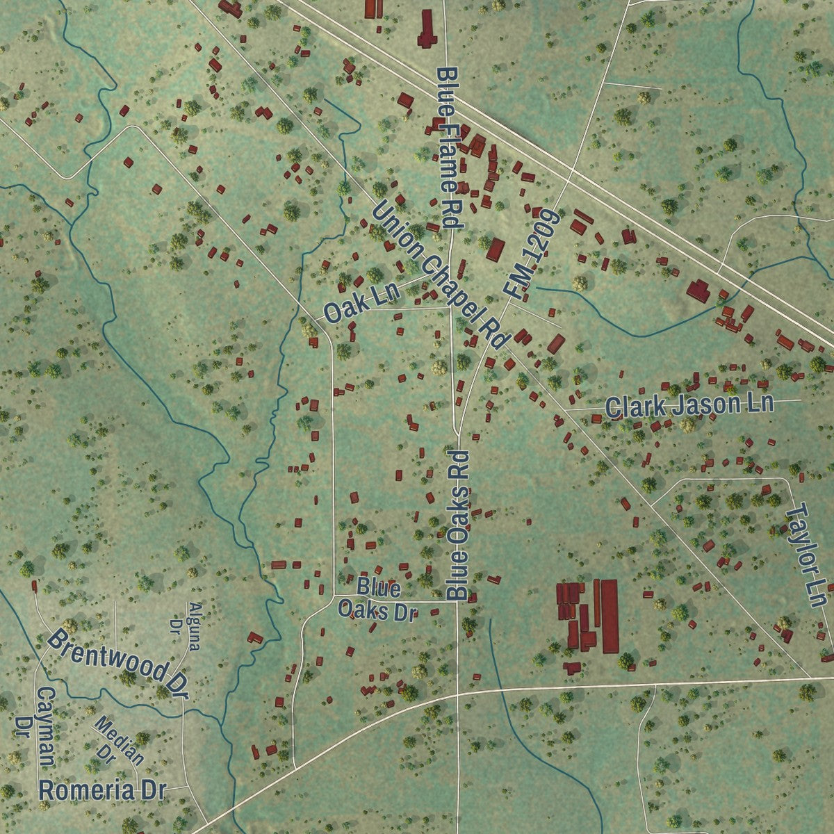 Close-up of the map of Wyldwood, Texas print showing street and building detail