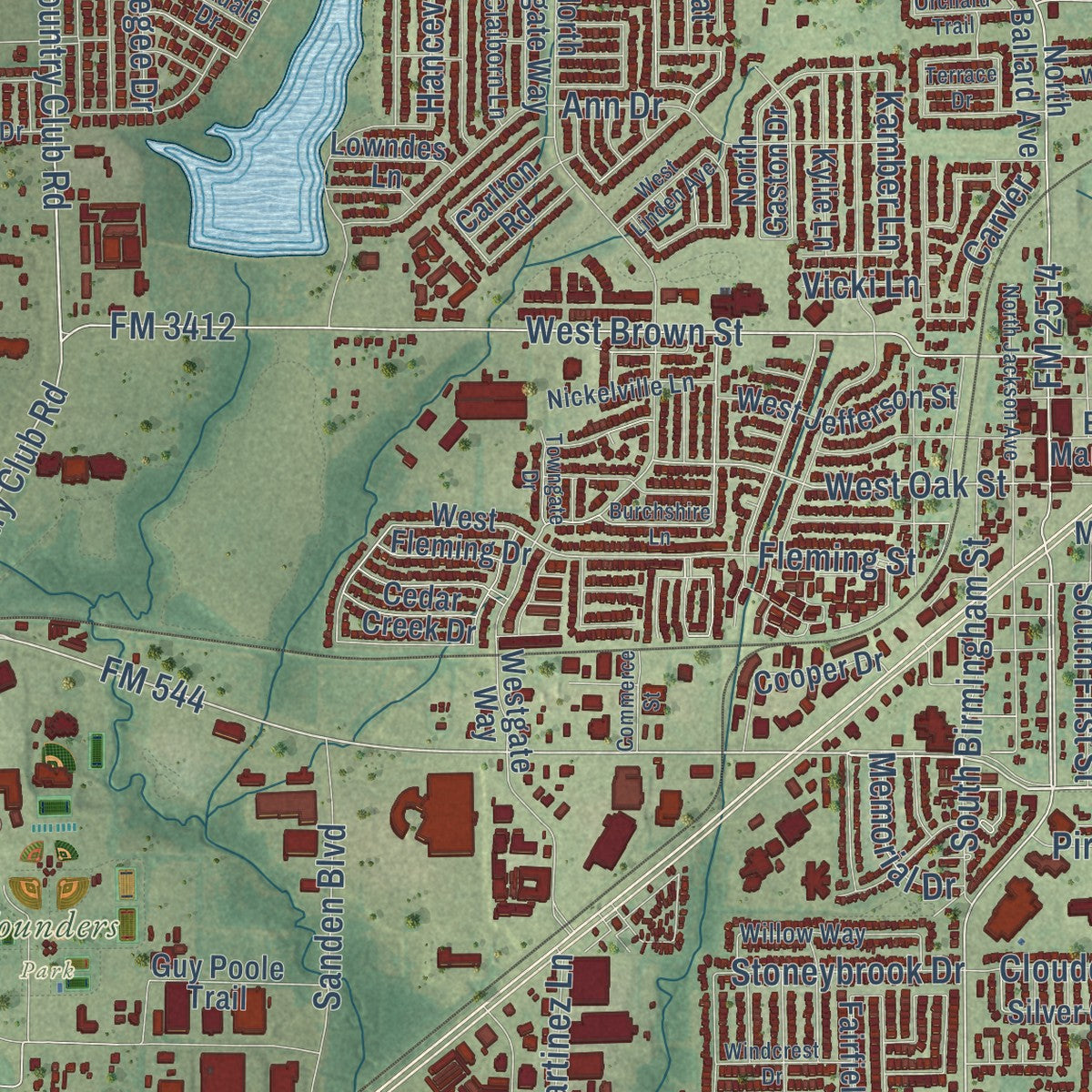 Close-up of the map of Wylie, Texas print showing street and building detail
