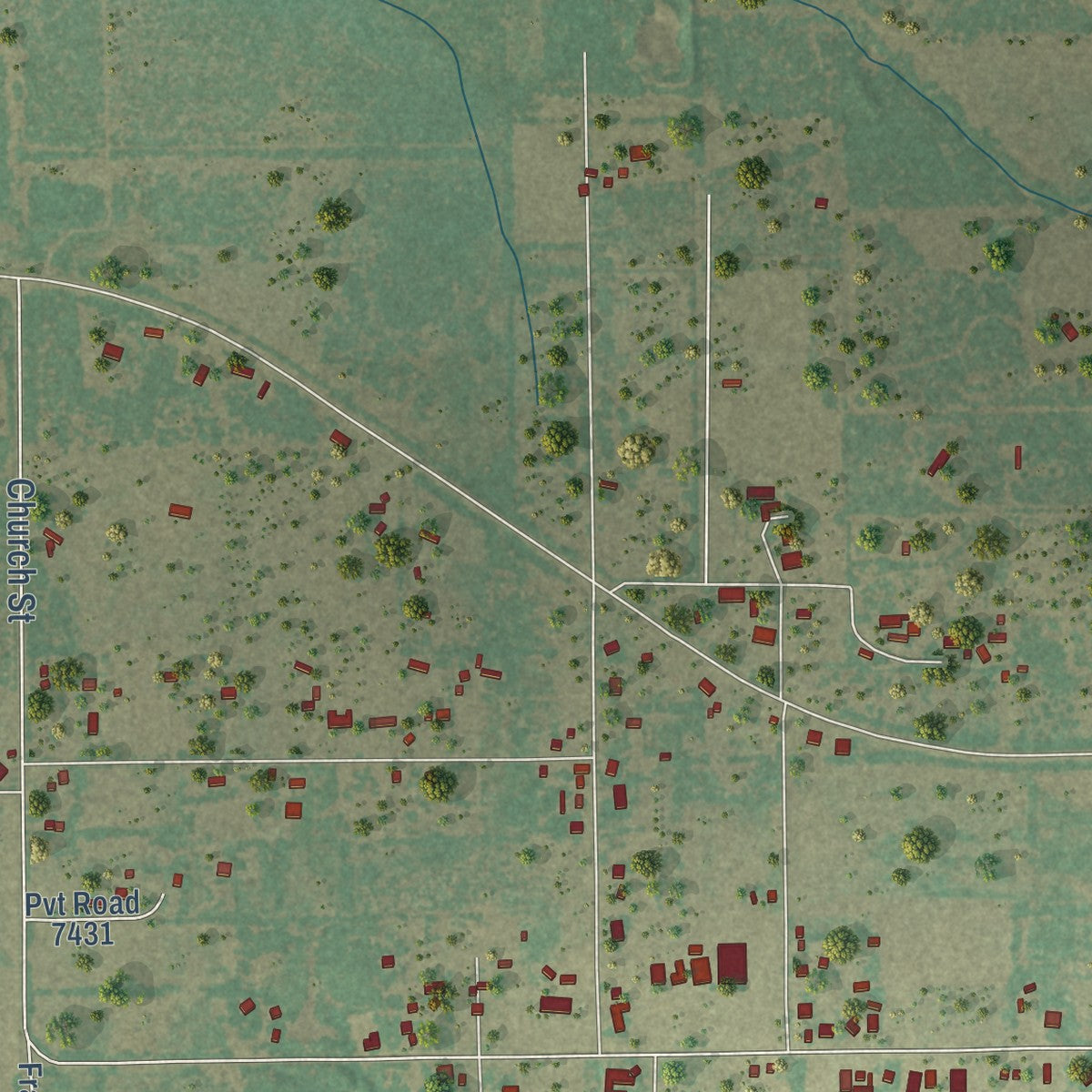 Close-up of the map of Yancey, Texas print showing street and building detail