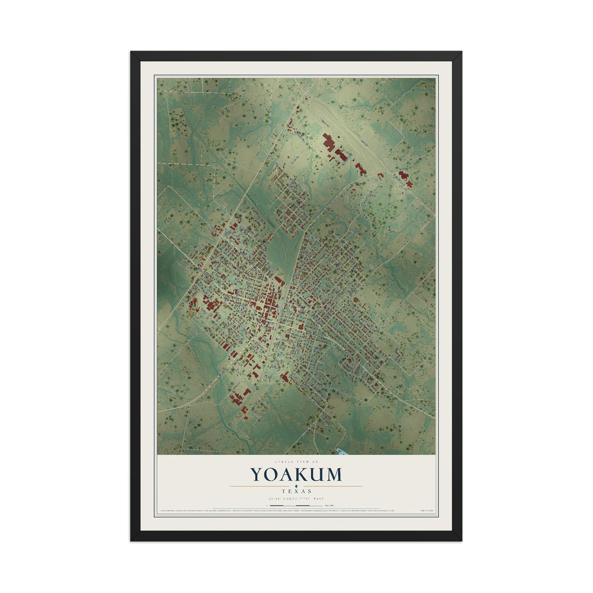 Map of Yoakum, Texas, 12 x 18 inch print in a black wood frame