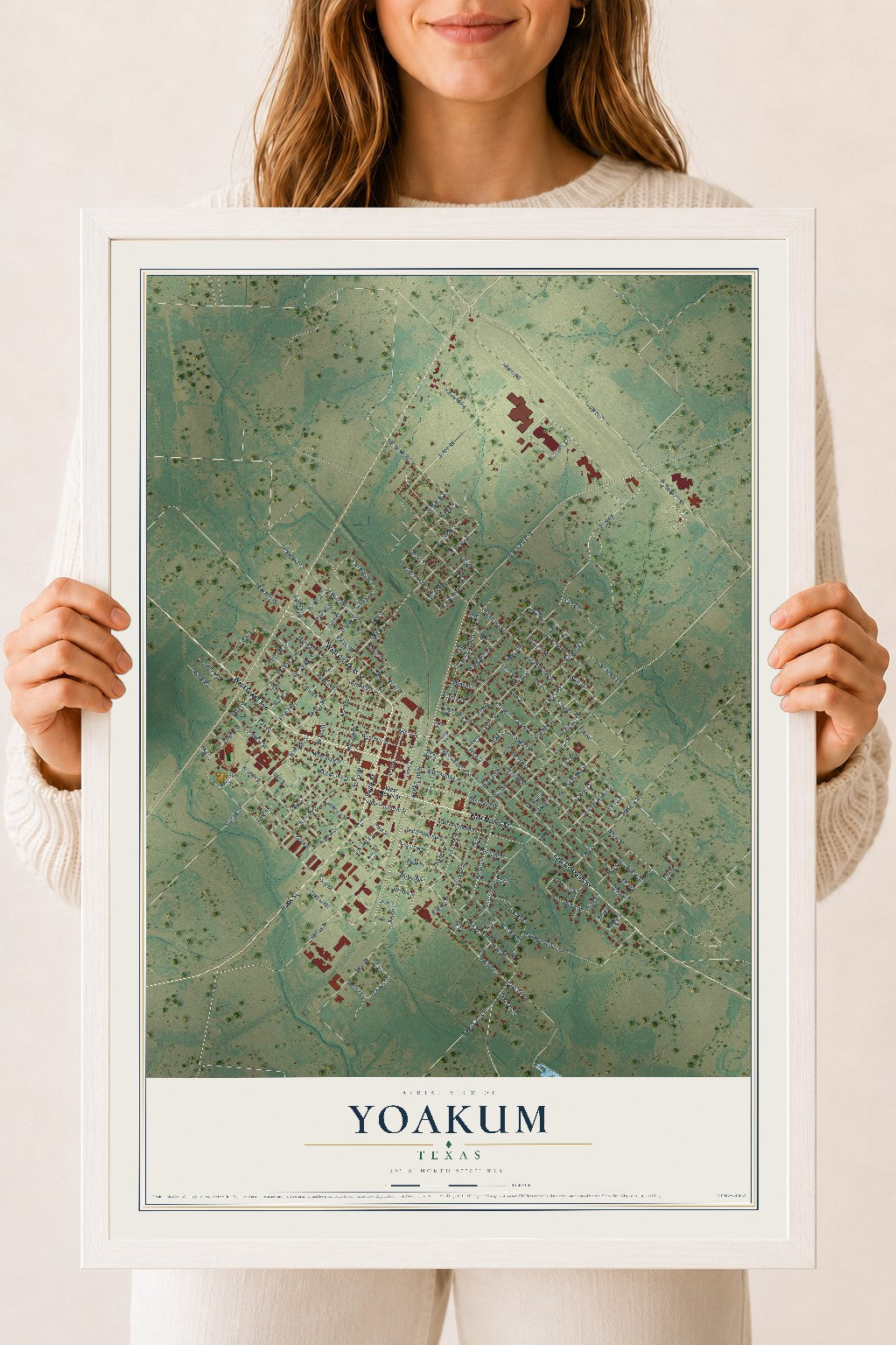 Map of Yoakum, Texas, 18 x 24 inch print in a white wood frame
