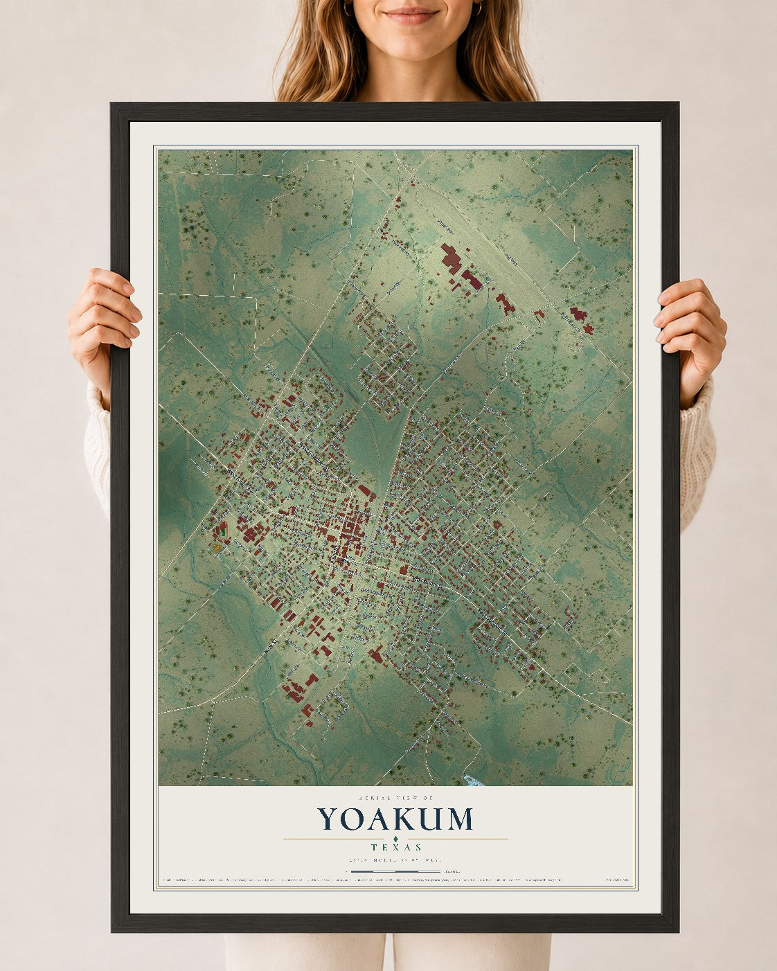 Map of Yoakum, Texas, 24 x 36 inch print in a black wood frame