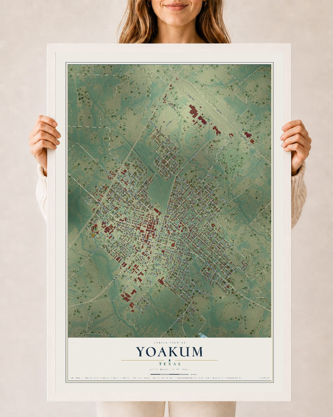 Map of Yoakum, Texas, 24 x 36 inch print in a white wood frame