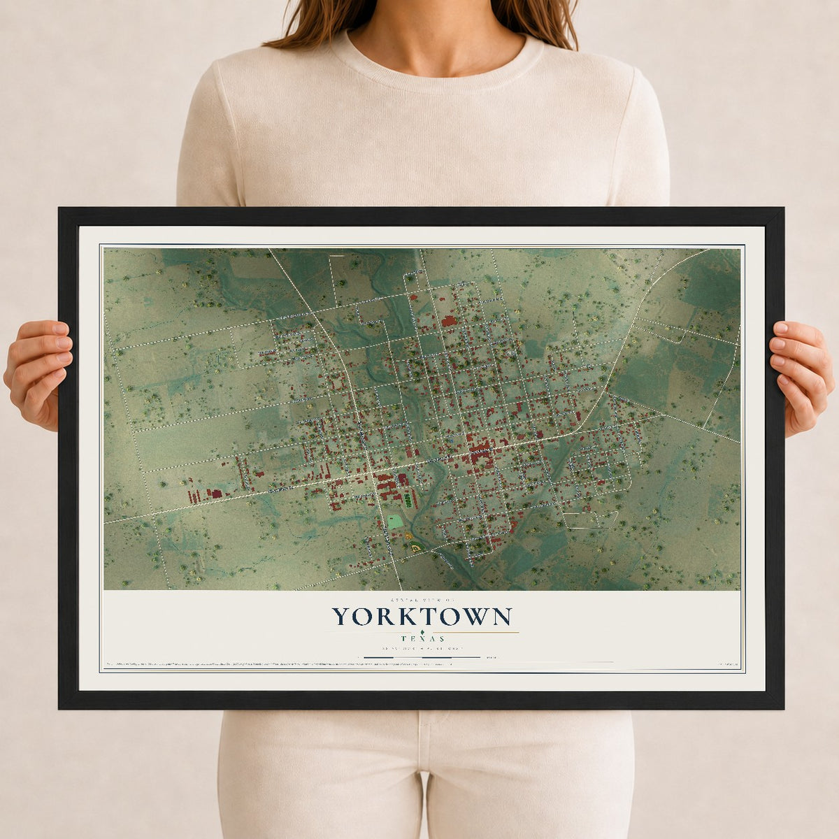 Map of Yorktown, Texas, 12 x 18 inch print in a black wood frame