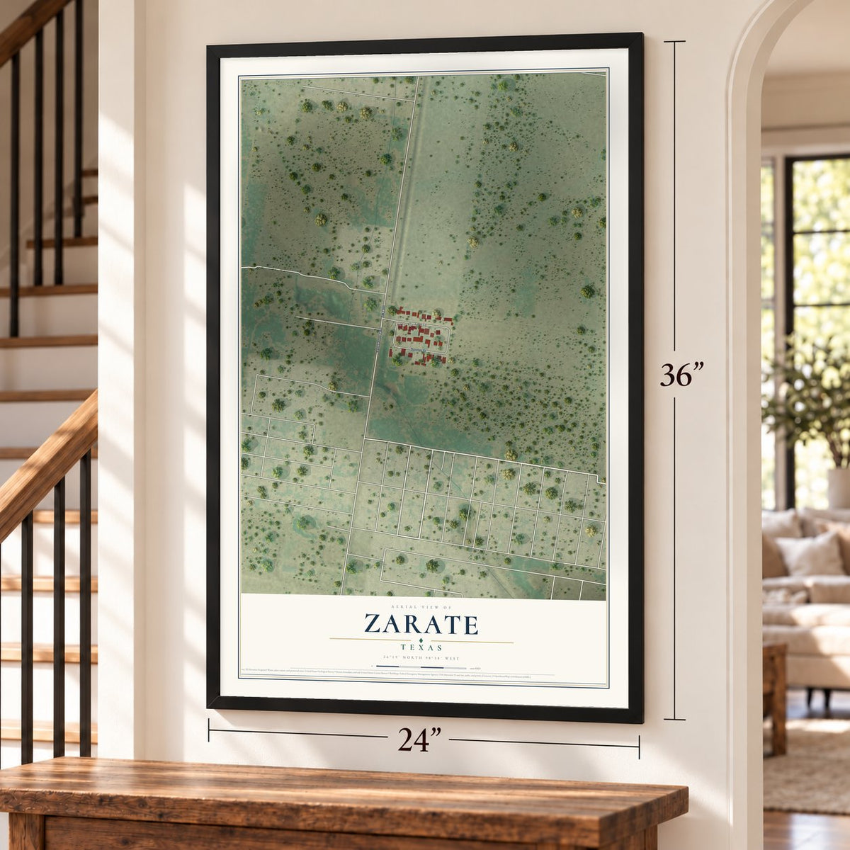 Zarate, Texas map, 24 x 36 inch print in a black frame by a staircase
