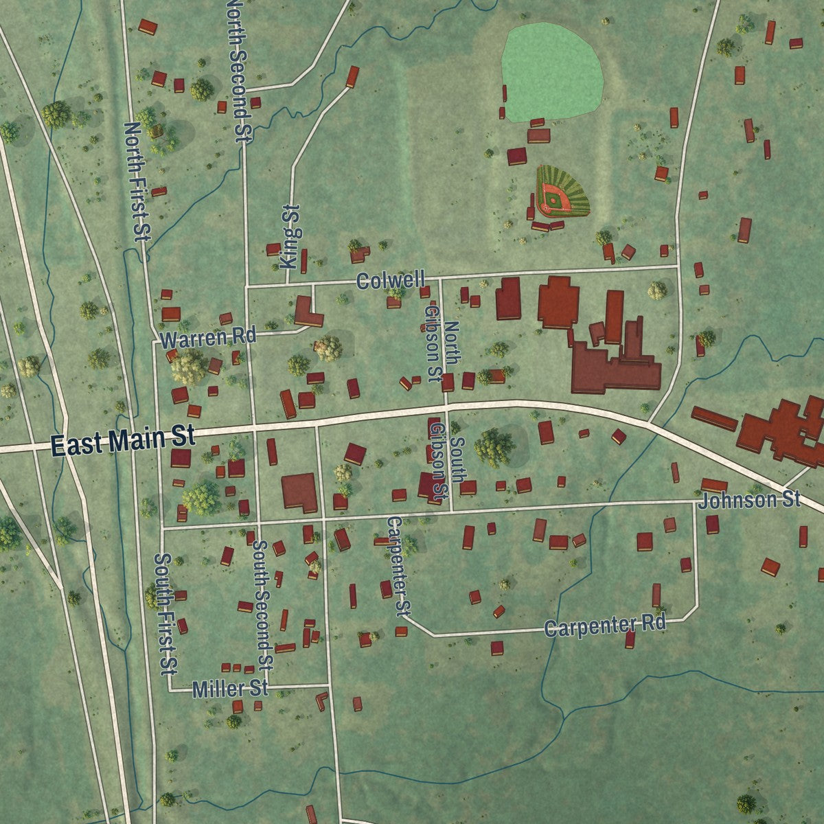 Close-up of the map of Zavalla, Texas print showing street and building detail