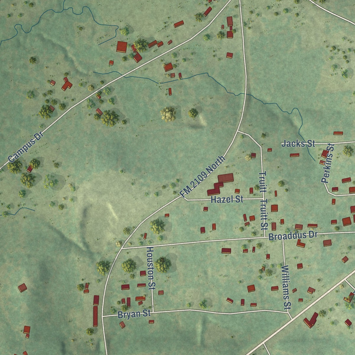 Second close-up of the map of Zavalla, Texas print showing more streets and buildings