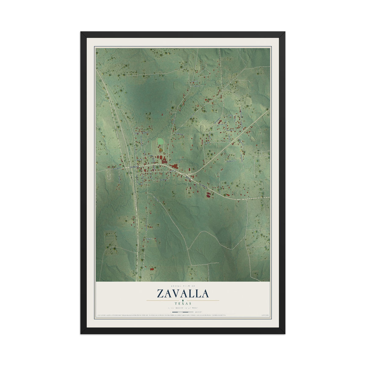 Map of Zavalla, Texas, 12 x 18 inch print in a black wood frame