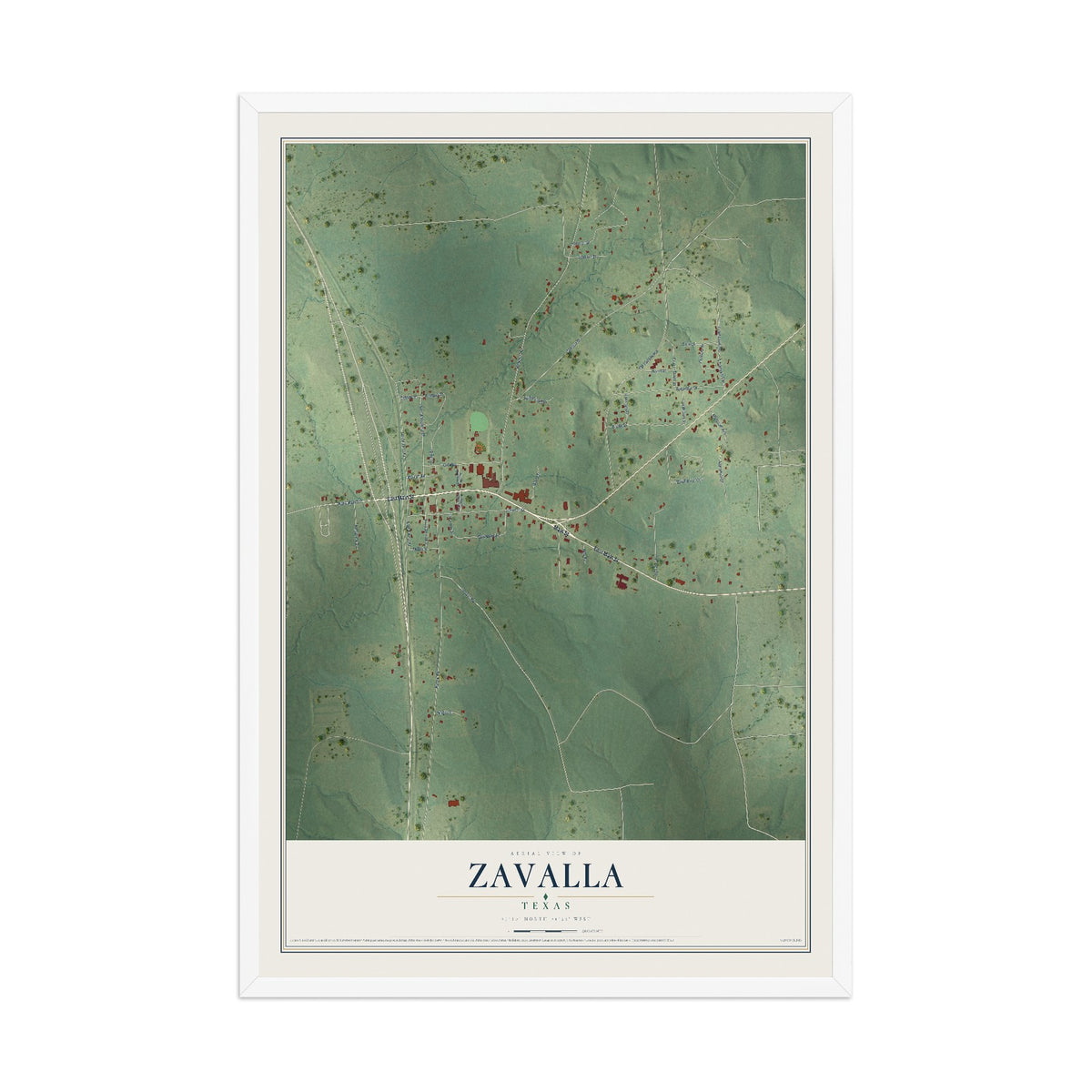 Map of Zavalla, Texas, 12 x 18 inch print in a white wood frame