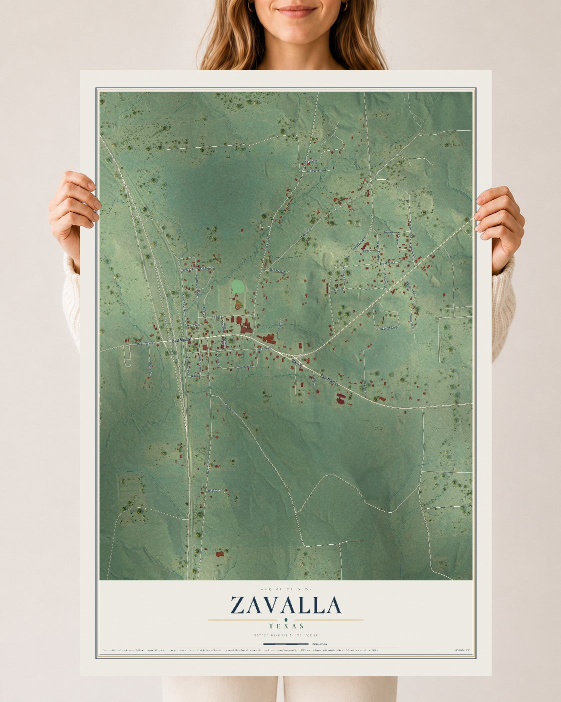 Map of Zavalla, Texas, 24 x 36 inch unframed archival matte print