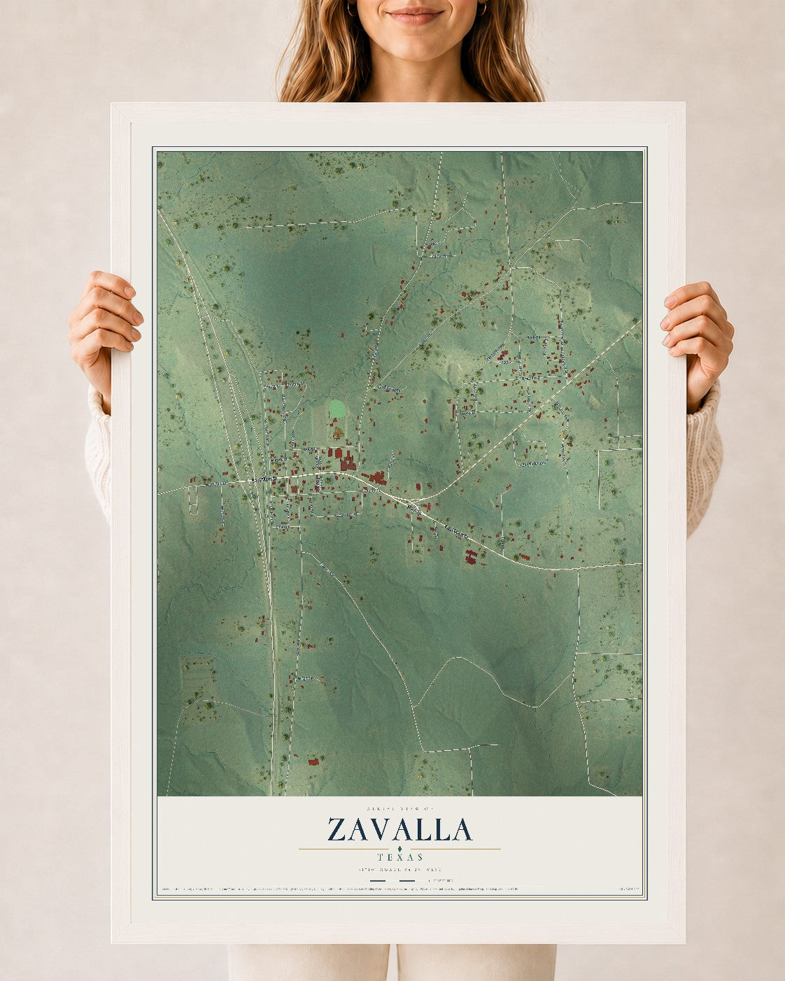 Map of Zavalla, Texas, 24 x 36 inch print in a white wood frame