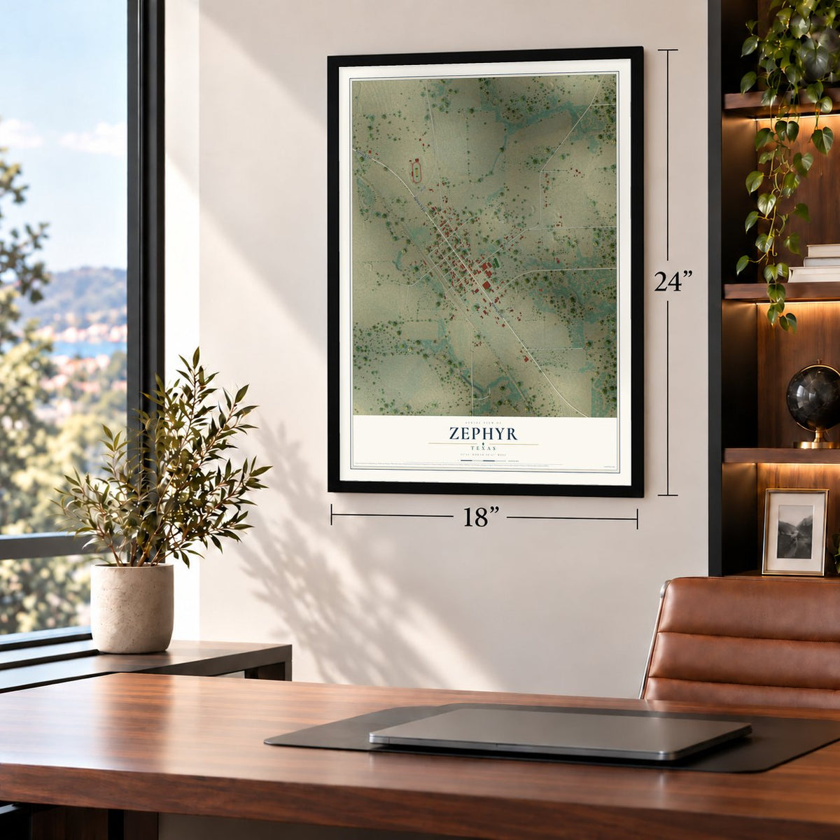 Zephyr, Texas map, 18 x 24 inch print in a black frame in a home office