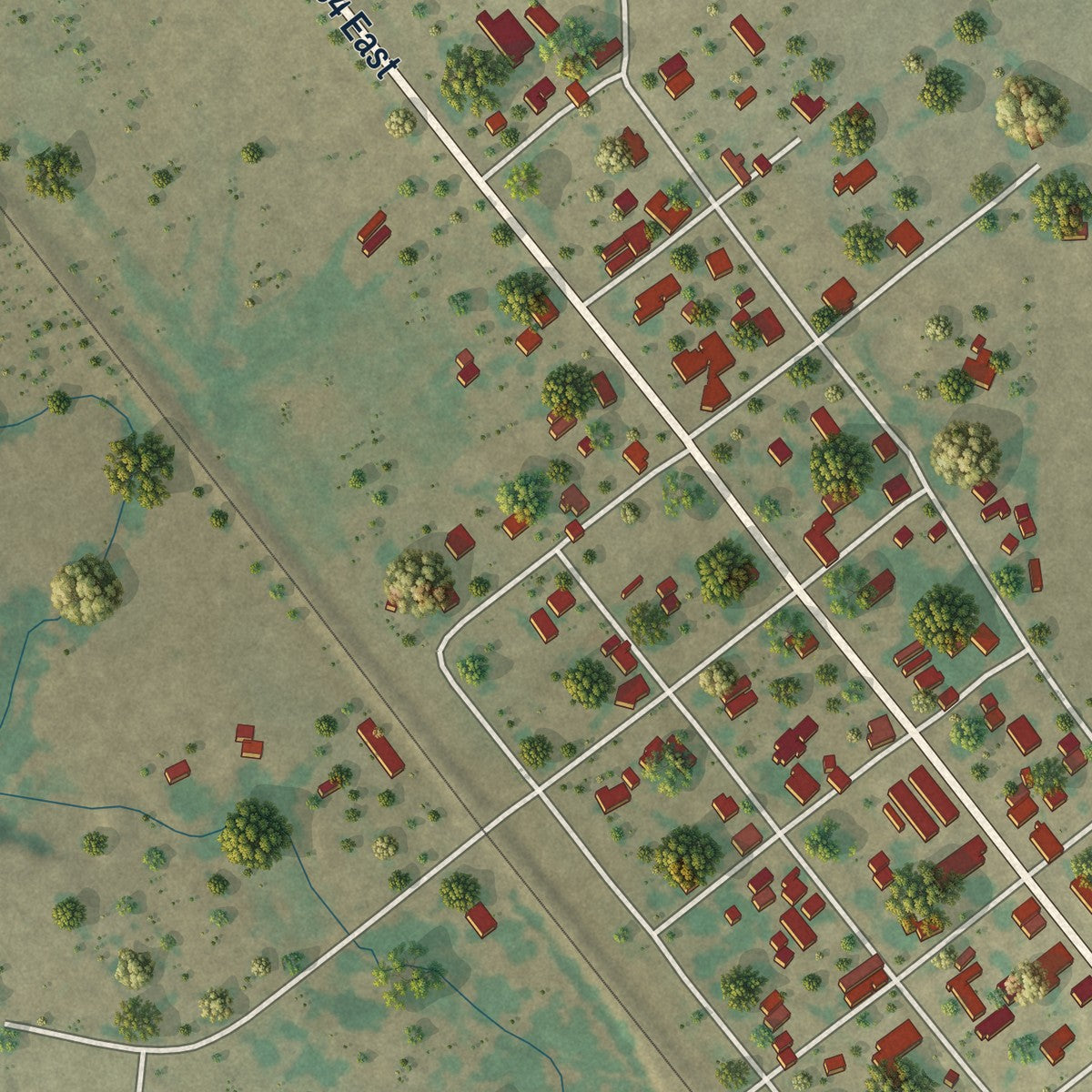 Close-up of the map of Zephyr, Texas print showing street and building detail