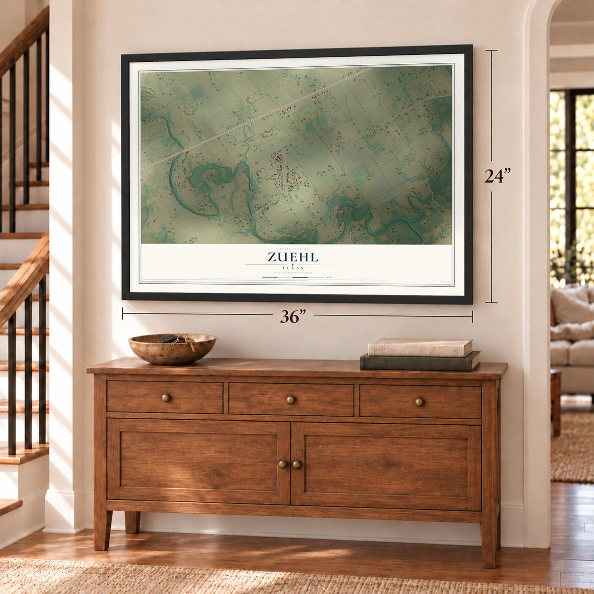 Zuehl, Texas map, 24 x 36 inch print in a black frame above a dresser by a staircase