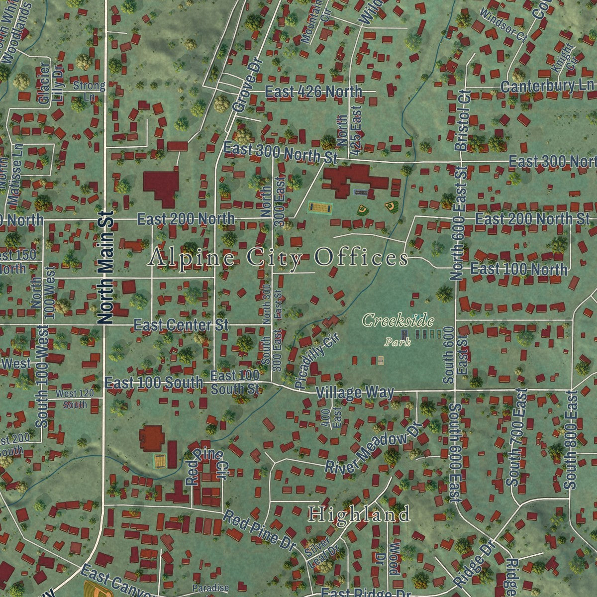 Close-up of the map of Alpine, Utah print showing street and building detail