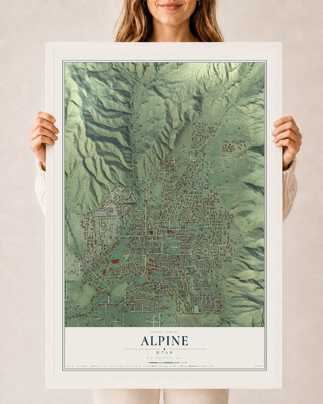 Map of Alpine, Utah, 24 x 36 inch print in a white wood frame