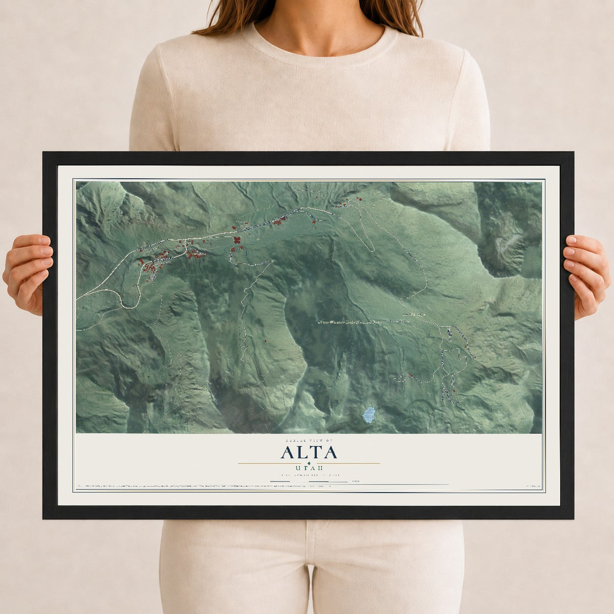 Map of Alta, Utah, 12 x 18 inch print in a black wood frame