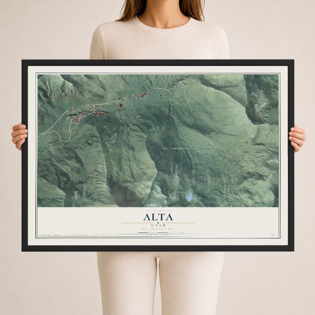 Map of Alta, Utah, 24 x 36 inch print in a black wood frame