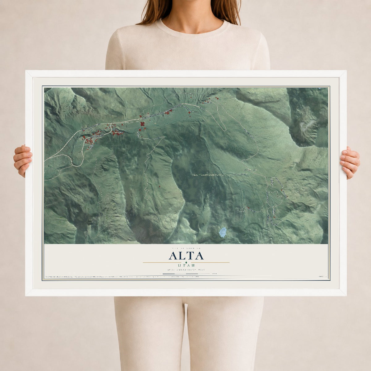 Map of Alta, Utah, 24 x 36 inch print in a white wood frame