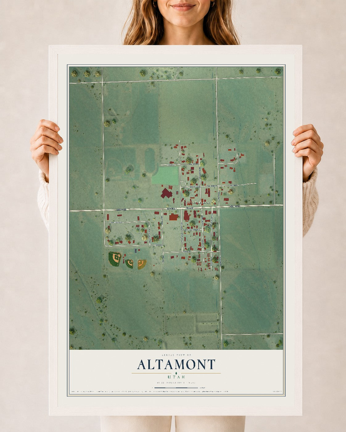 Map of Altamont, Utah, 24 x 36 inch print in a white wood frame
