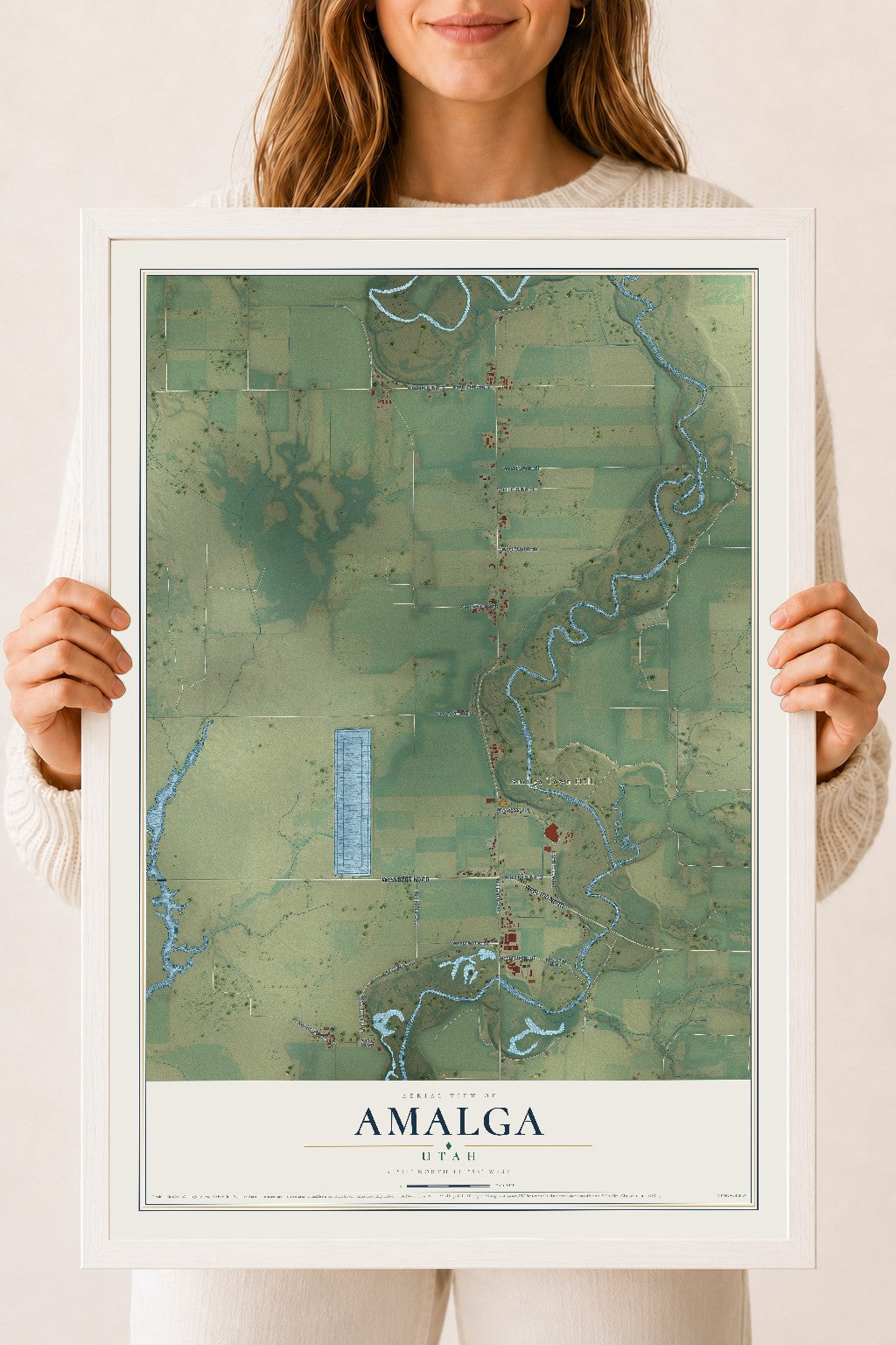 Map of Amalga, Utah, 18 x 24 inch print in a white wood frame