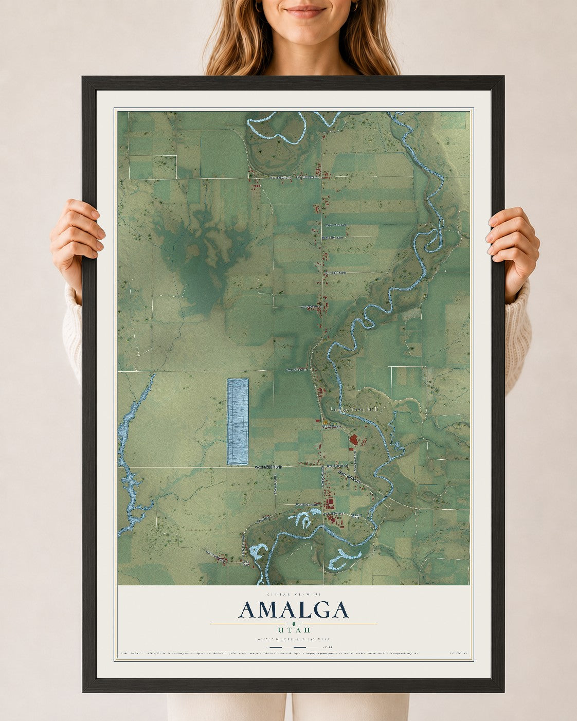 Map of Amalga, Utah, 24 x 36 inch print in a black wood frame