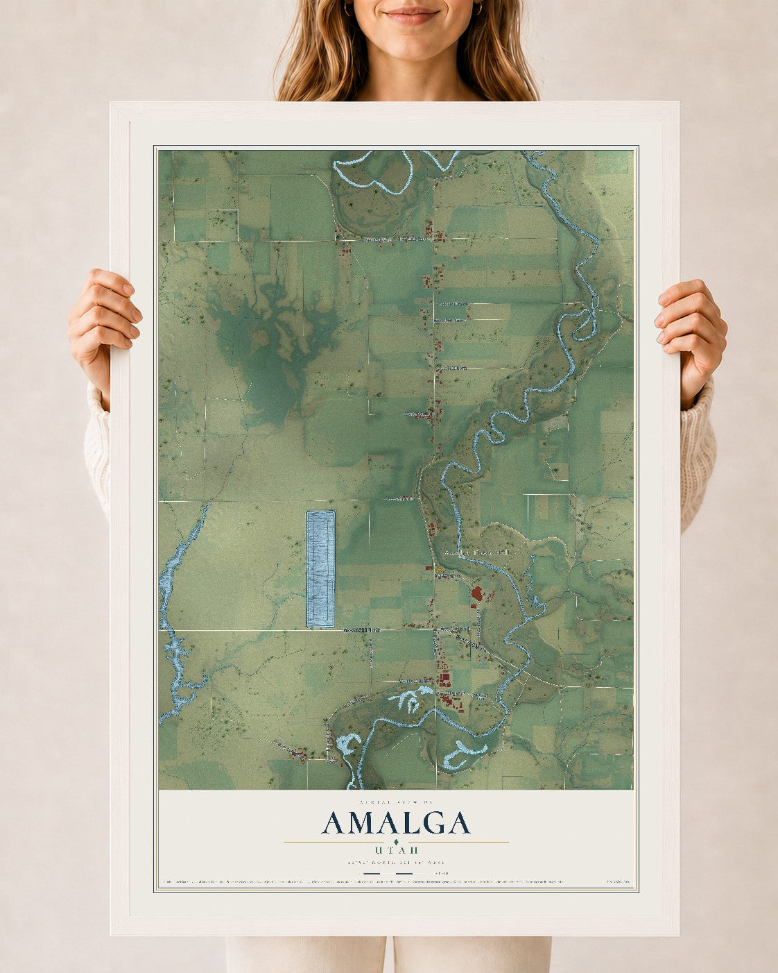 Map of Amalga, Utah, 24 x 36 inch print in a white wood frame