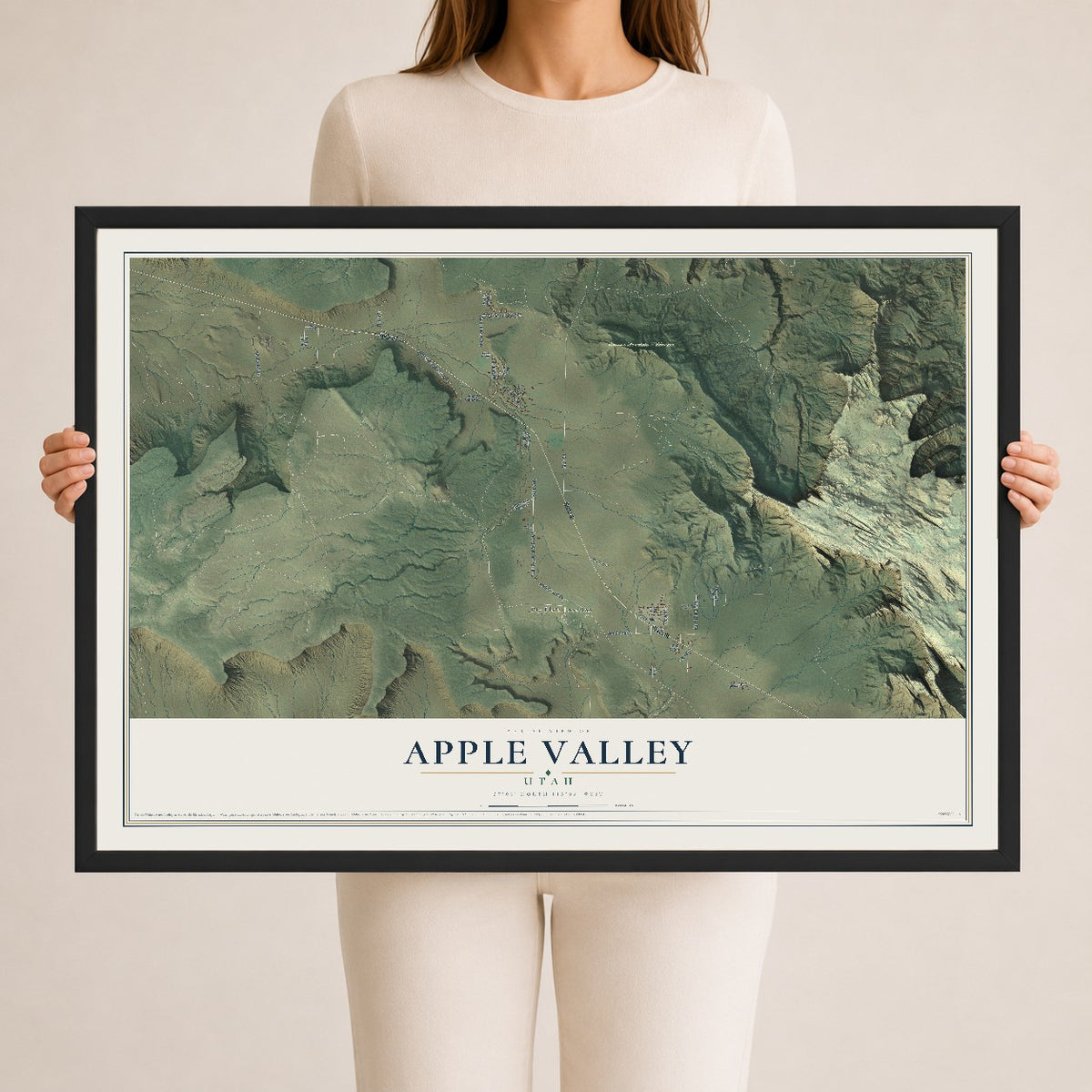 Map of Apple Valley, Utah, 24 x 36 inch print in a black wood frame