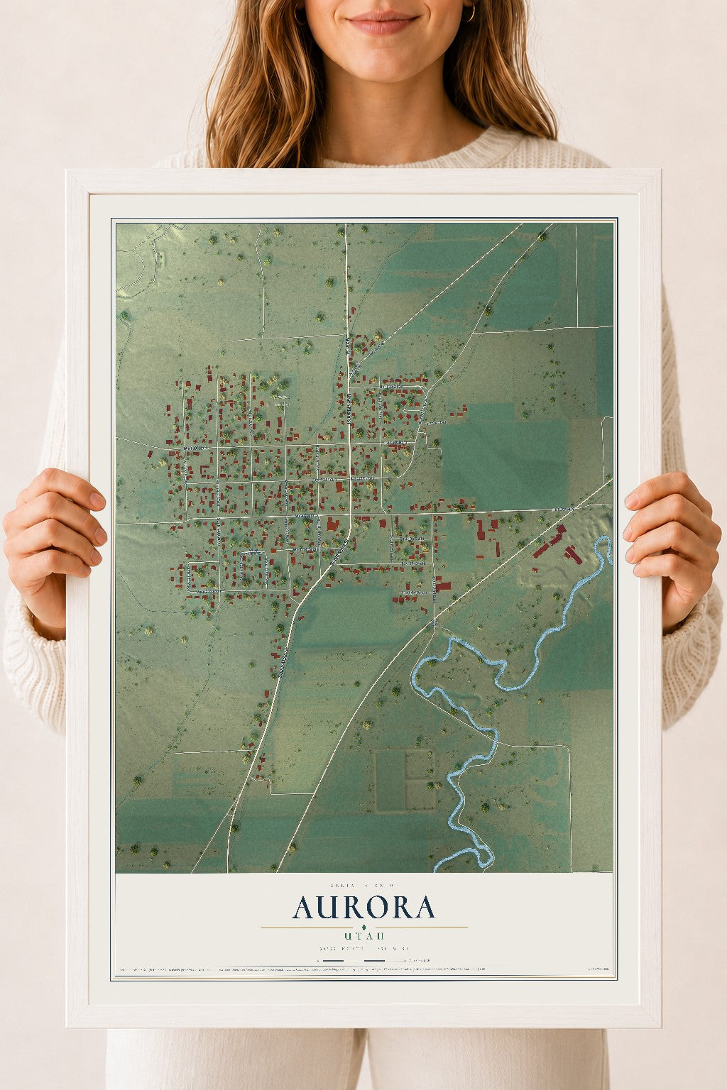 Map of Aurora, Utah, 18 x 24 inch print in a white wood frame