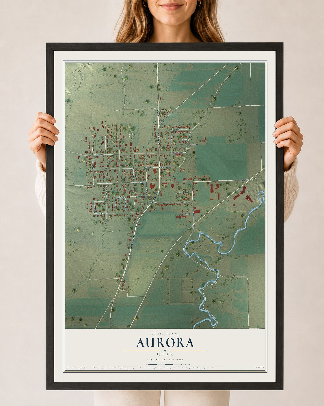 Map of Aurora, Utah, 24 x 36 inch print in a black wood frame