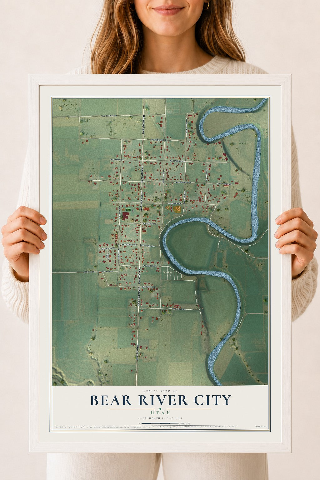 Map of Bear River City, Utah, 18 x 24 inch print in a white wood frame