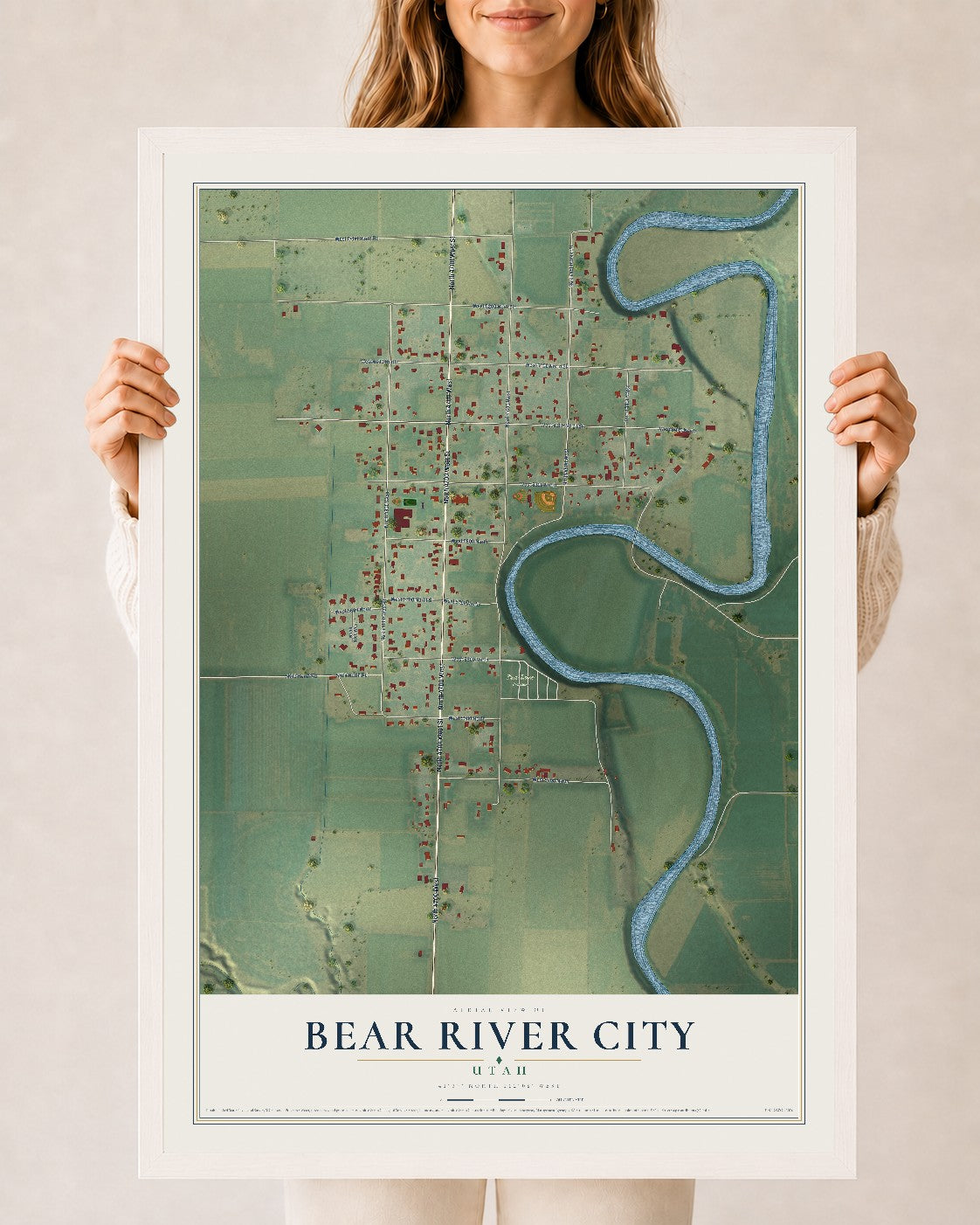 Map of Bear River City, Utah, 24 x 36 inch print in a white wood frame