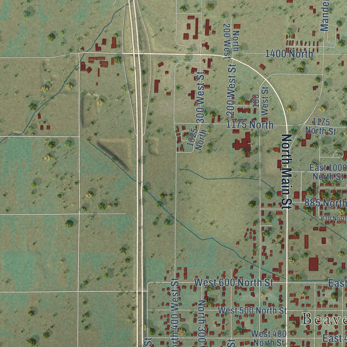 Second close-up of the map of Beaver, Utah print showing more streets and buildings