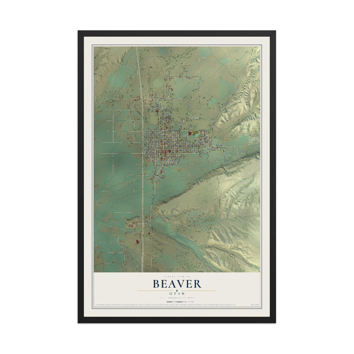Map of Beaver, Utah, 12 x 18 inch print in a black wood frame