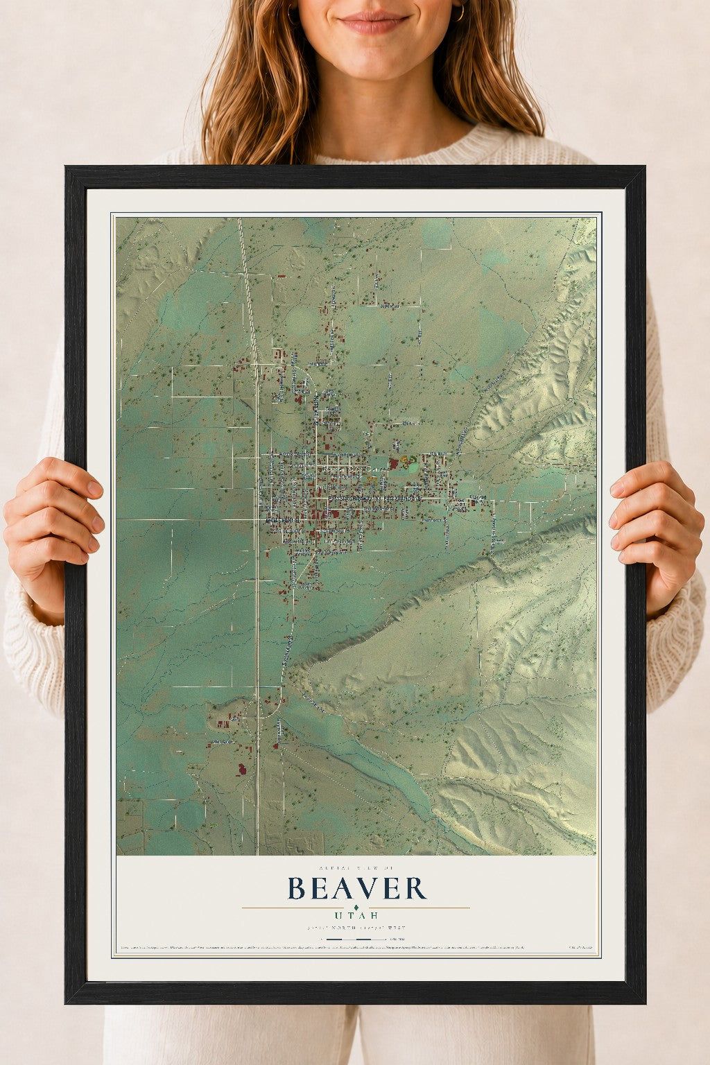 Map of Beaver, Utah, 18 x 24 inch print in a black wood frame