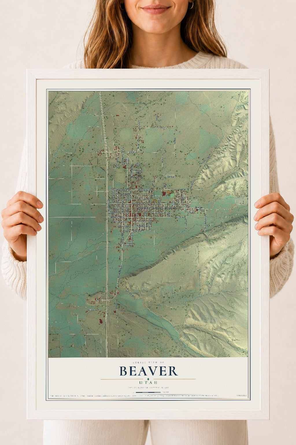 Map of Beaver, Utah, 18 x 24 inch print in a white wood frame