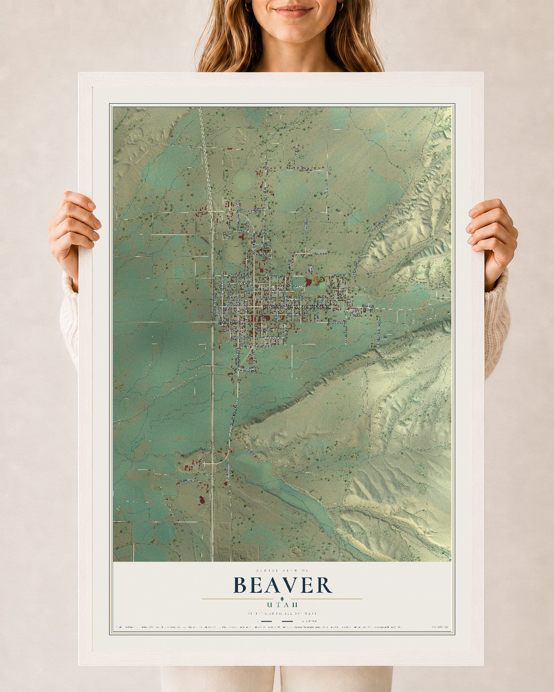Map of Beaver, Utah, 24 x 36 inch print in a white wood frame