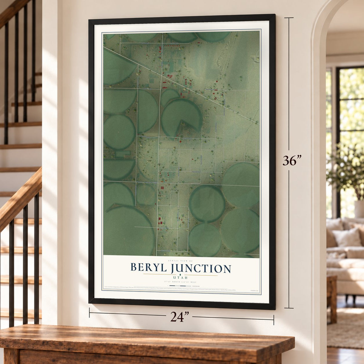 Beryl Junction, Utah map, 24 x 36 inch print in a black frame by a staircase