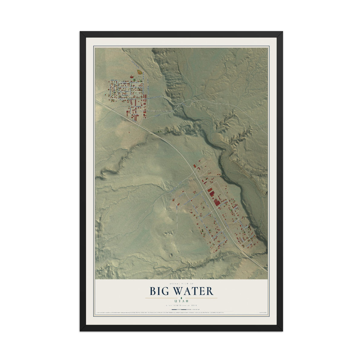 Map of Big Water, Utah, 12 x 18 inch print in a black wood frame